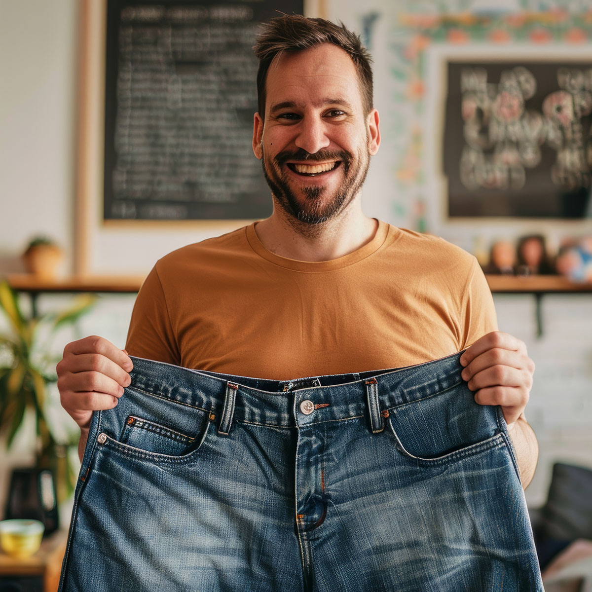 Man Celebrating Weight Loss Success with Old Jeans